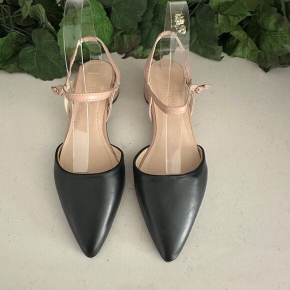 Pointed Toe Ankle Strap Black & Nude Leatherette Flats - Picture 1 of 7